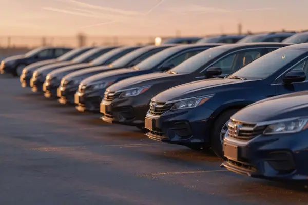 Illustration: a row of new cars on a dealership lot.