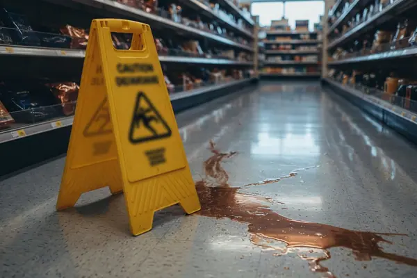 Illustration: a spill and a caution sign on a shop floor.